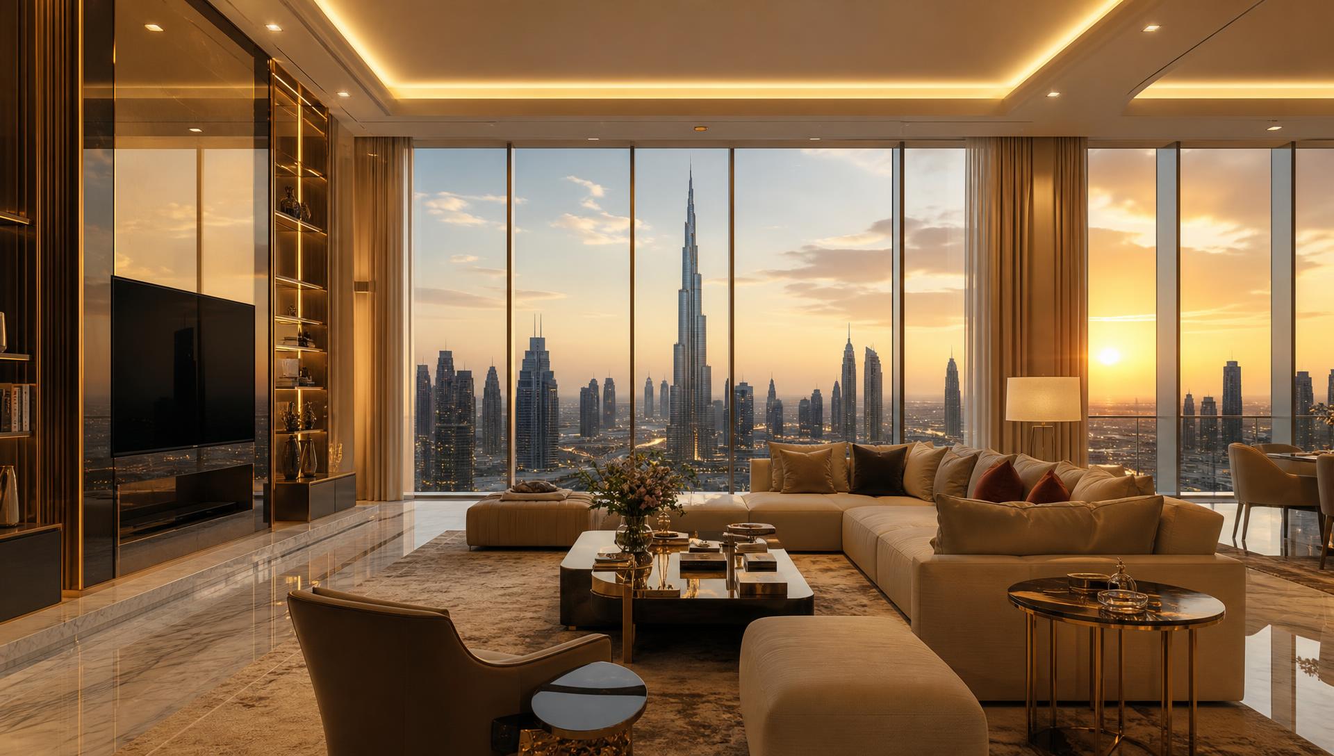 Luxury Dubai penthouse interior with skyline views